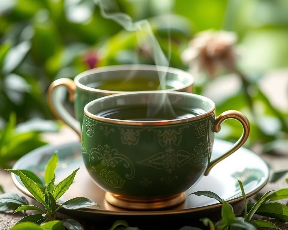 Groene thee drinken in stijlvolle kopjes